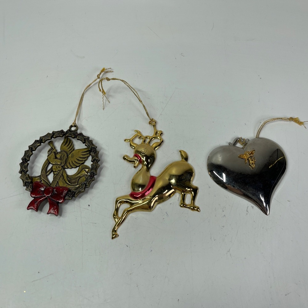 Gloria Duchin Inc 90s Collectible Wreath/Angel Reindeer Heart Ornaments Lot Of 3